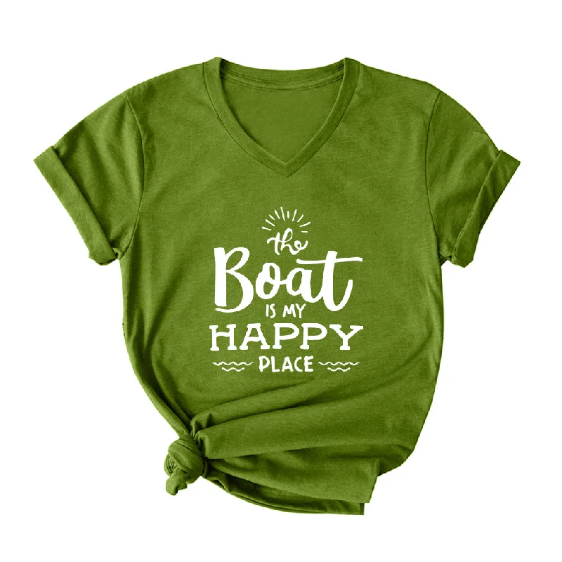 THE BOAT IS MY HAPPY PLACE V Neck T-Shirt for Women Spandex Blend Rayon Blend Denim Blend