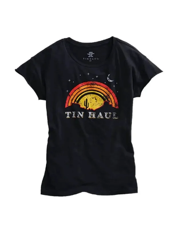 Tin Haul Sunset and Moon (Black) - Women's T-Shirt Ribbed Striped Patterned