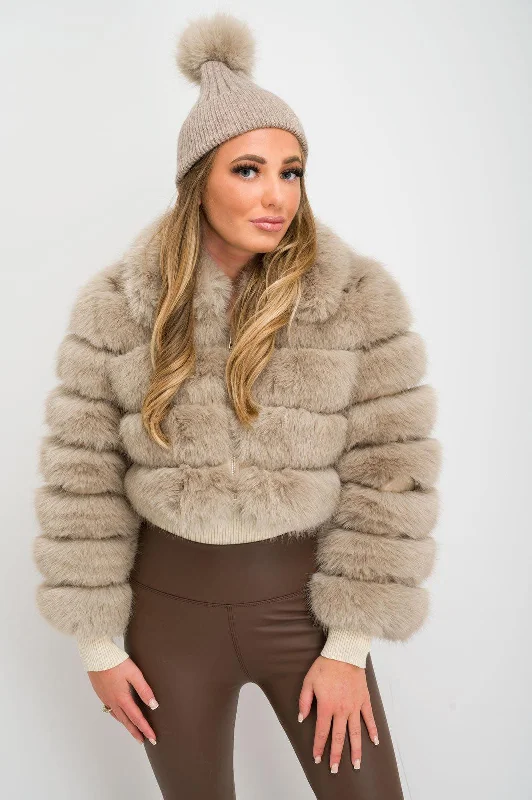 Beige Collared Cropped Premium Faux Fur Jacket Elasticated Jacket Padded Jacket Insulated Jacket