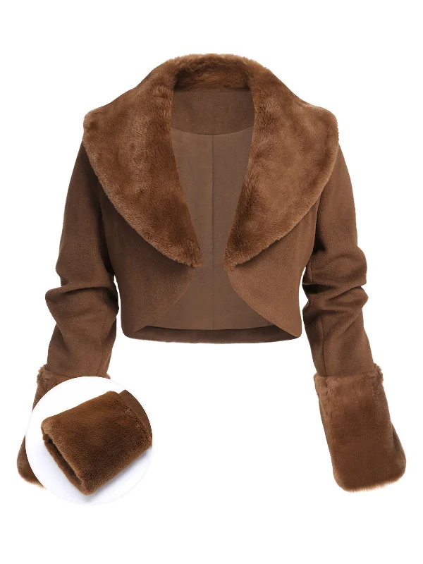 Brown 1950s Retro Fur Collar Bolero Jacket Toggled Jacket Drawstring Jacket Belted Jacket