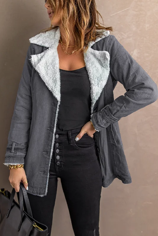 Button-Front Denim Jacket with Sherpa Collar Welt Pockets Slit Pockets Flap Pockets