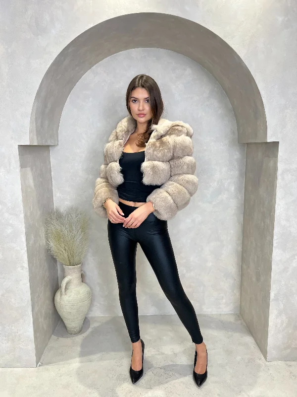 Dark Beige Luxury Fur Hooded Jacket One-Shoulder Jacket Off-the-Shoulder Jacket Asymmetrical Jacket