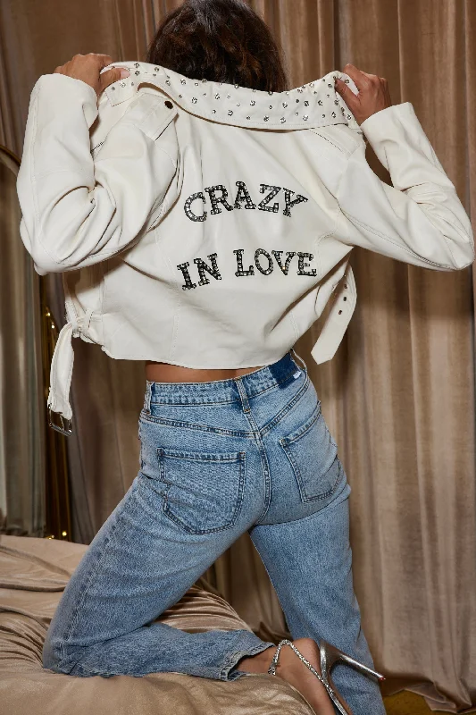 Crazy In Love Ivory Faux Leather Jacket A-Line Jacket Boat Neck Shawl Collar