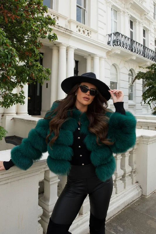 Emerald Green Luxury Fur 5 Row Cropped Sleeve Jacket Satin Jacket Silk Jacket Chiffon Jacket