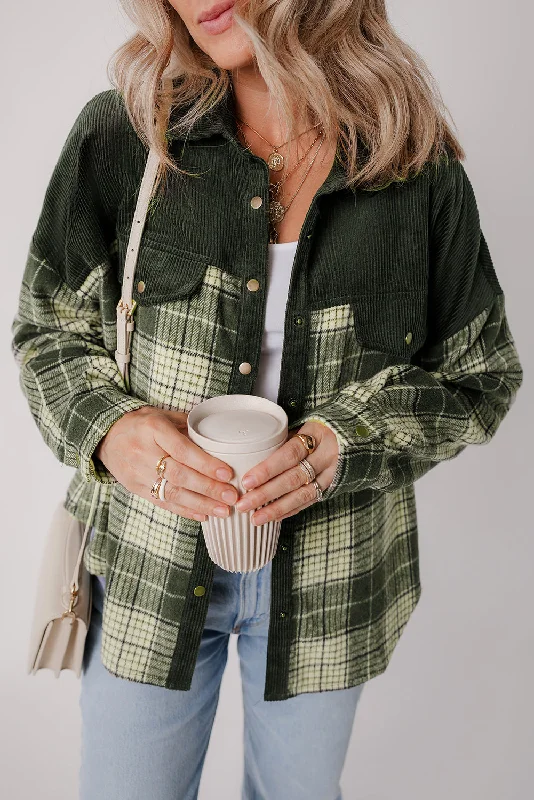 Green Plaid Corduroy Jacket with Pockets Collared Jacket Crew Neck Jacket Turtle Neck Jacket