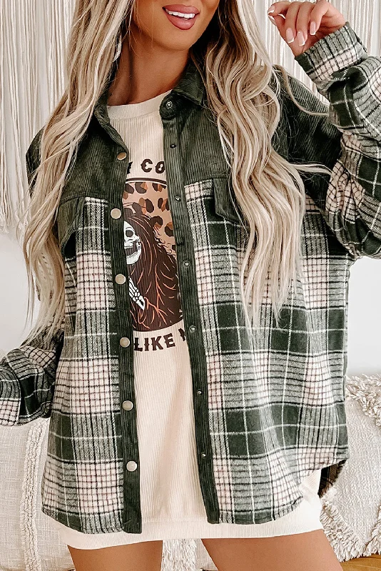 Green Plaid Jacket with Corduroy Accents Welt Pockets Slit Pockets Flap Pockets