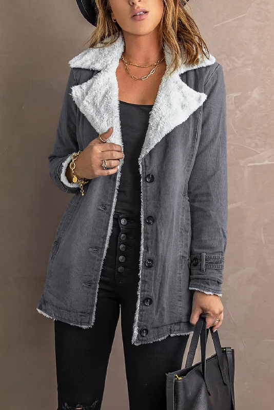 Grey Denim Jacket with Sherpa Lining Fleece Jacket Down Jacket Feather Jacket