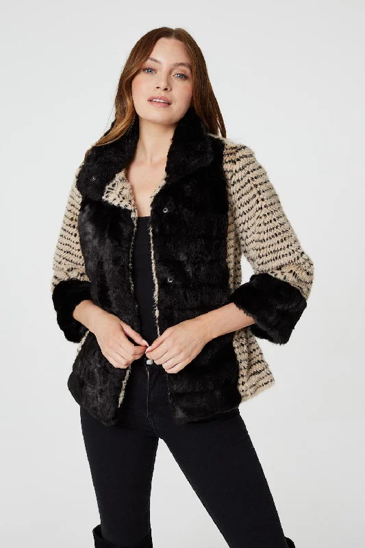 Striped Faux Fur 3/4 Sleeve Jacket Front Pockets Side Pockets Patch Pockets