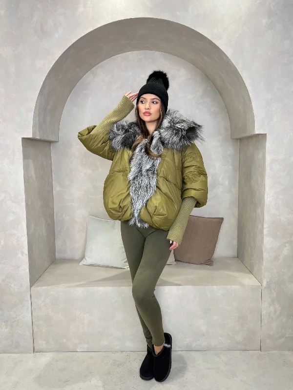 Khaki Luxury Fur Trim Jacket Fitted Jacket Loose Jacket Oversized Jacket