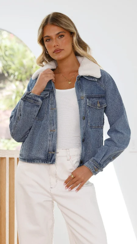 Laelia Teddy Jacket- Mid Blue Denim Welt Pockets Slit Pockets Flap Pockets