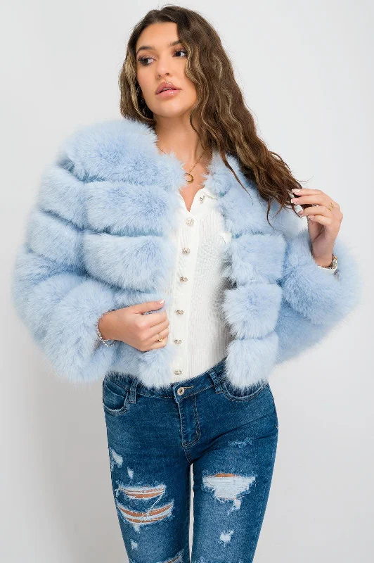 Light Blue Premium Faux Fur Jacket Toggled Jacket Drawstring Jacket Belted Jacket