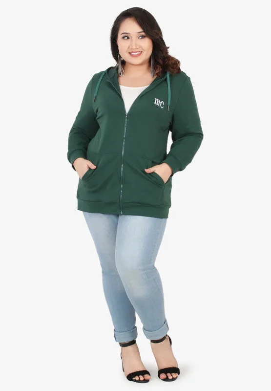 Honey Plus Size Hoodie Jacket - Dark Green Front Pockets Side Pockets Patch Pockets