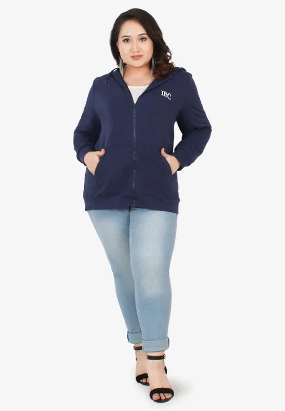 Honey Plus Size Hoodie Jacket - Blue Zippered Front Buttoned Front Snap Front