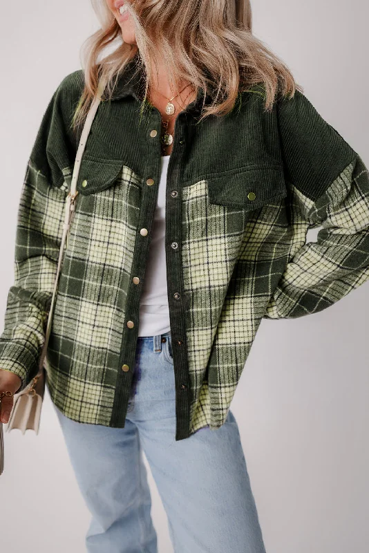 Oversized Plaid Corduroy Shirt Jacket Zippered Jacket Buttoned Jacket Snapped Jacket