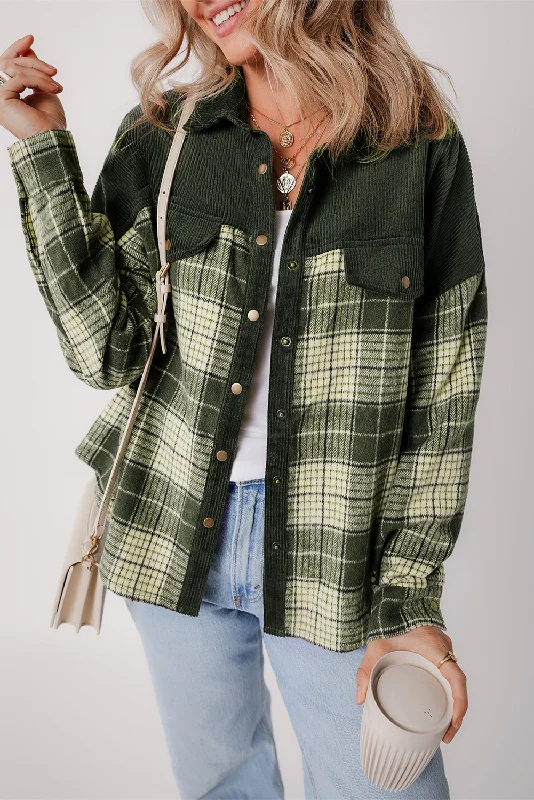 Plaid and Corduroy Panel Jacket Notch Collar Peter Pan Collar Cowl Neck