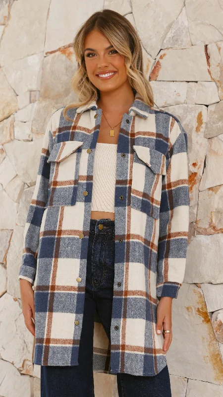 Saskia Jacket - Navy/Cream Check Tiered Jacket Buttoned Jacket Zippered Jacket