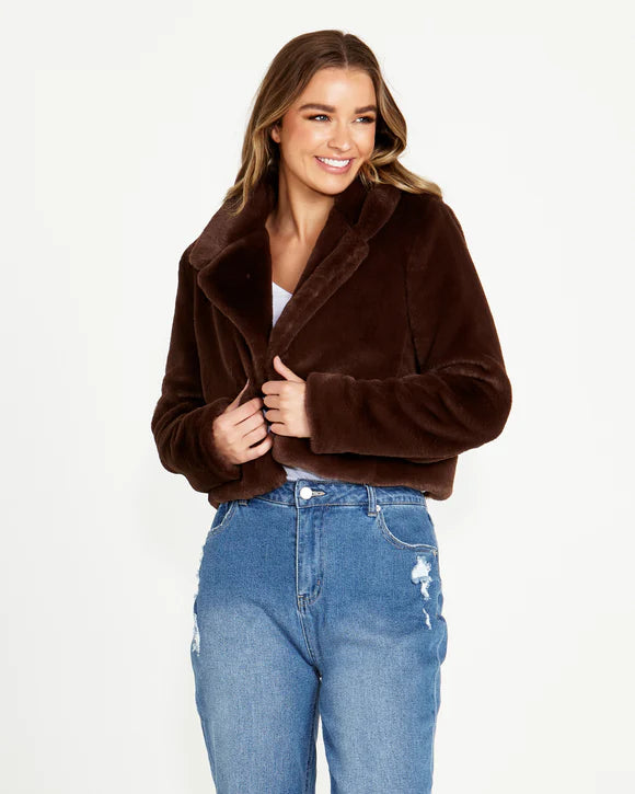 SASS XANTHE CROPPED FUR JACKET CHOCOLATE Zip Front Button Front Snap Front