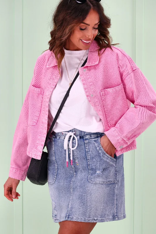 Shine On Label Bubblegum Cropped Jacket Pink Snapped Jacket Toggled Jacket Drawstring Jacket