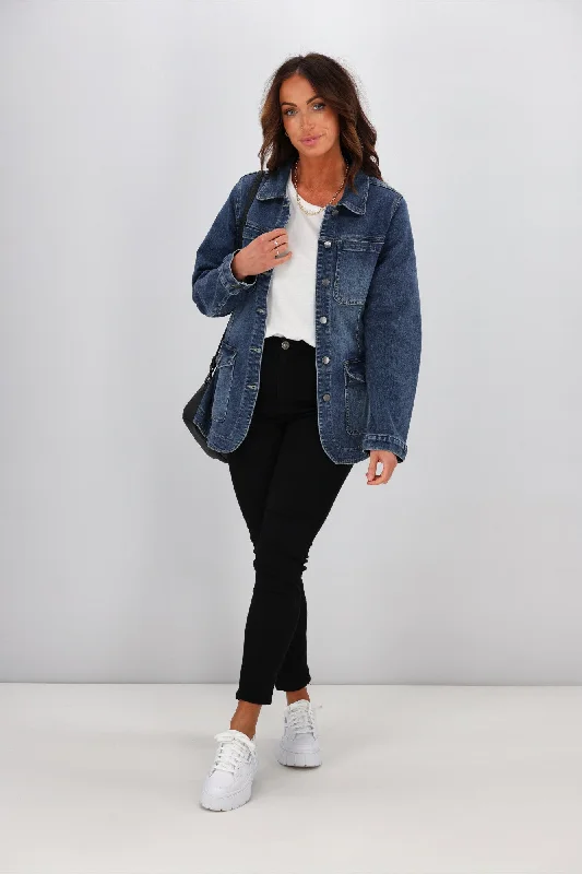 Shine On Label Ezra Denim Utility Jacket Indigo Cardigan Sweater Pullover