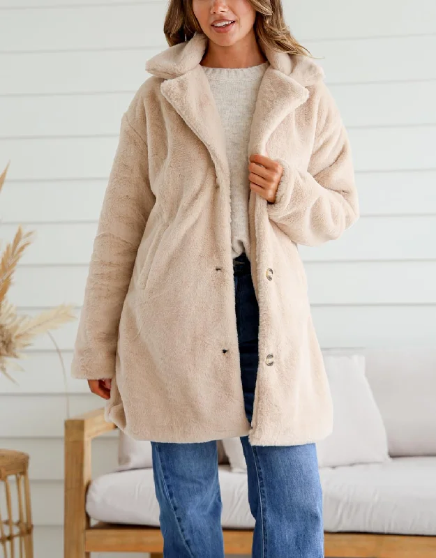 Teddy Faux Fur Jacket - Beige Cotton Fabric Linen Fabric Terry Fabric