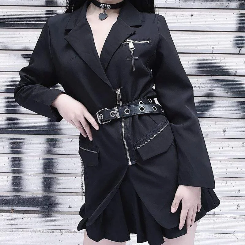 Women's Gothic Solid Color Cross Zipper Jackets With Chain Belt Herringbone Jacket Checkered Jacket Solid Jacket