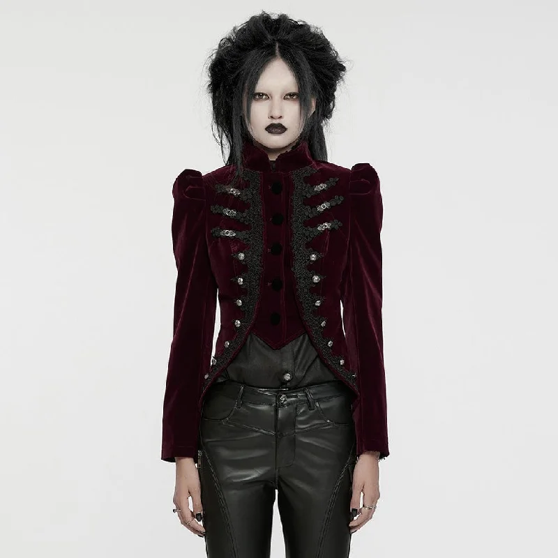 Women's Gothic Stand Collar Swallow-tailed Jacket Red Chenille Jacket Brocade Jacket Lace Jacket