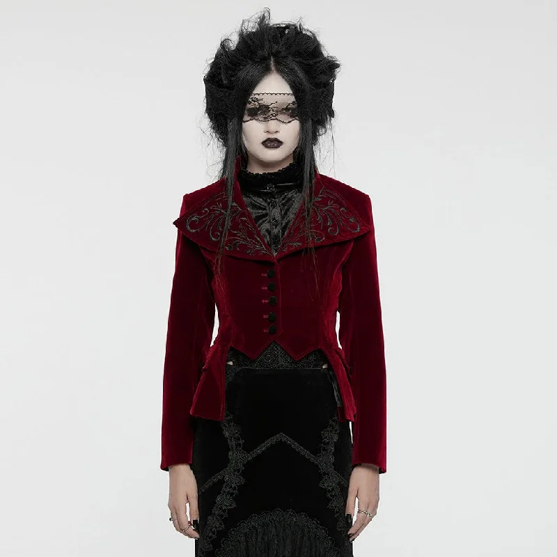 Women's Gothic Turn-down Collar Swallow-tailed Velvet Jacket Red Zip Front Button Front Snap Front