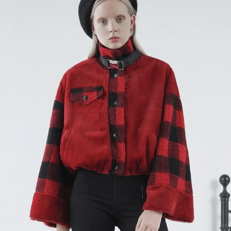 Women's High Neck Trumpet Sleeved Plaid Pola Fleece Jackets With Neck Strap Stand-Up Collar Roll-Neck Collar Turtle Neck