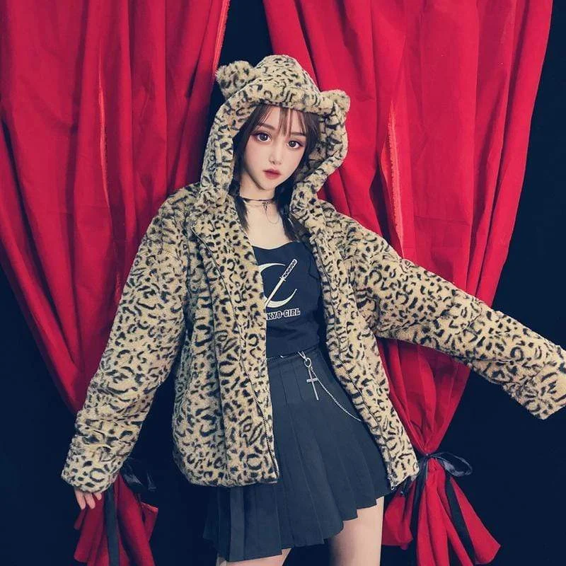 Women's Leopard Printed Zipper-fly Furry Jackets With Ears Fitted Jacket Loose Jacket Oversized Jacket