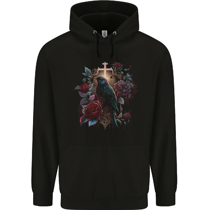 A Gothic Bird and Cross in Roses Gothic Mens 80% Cotton Hoodie Hoodie with Rhinestones Sparkly Elegant A Gothic Bird and Cross in Roses Gothic Mens 80% Cotton Hoodie Hoodie with Rhinestones Sparkly Elegant