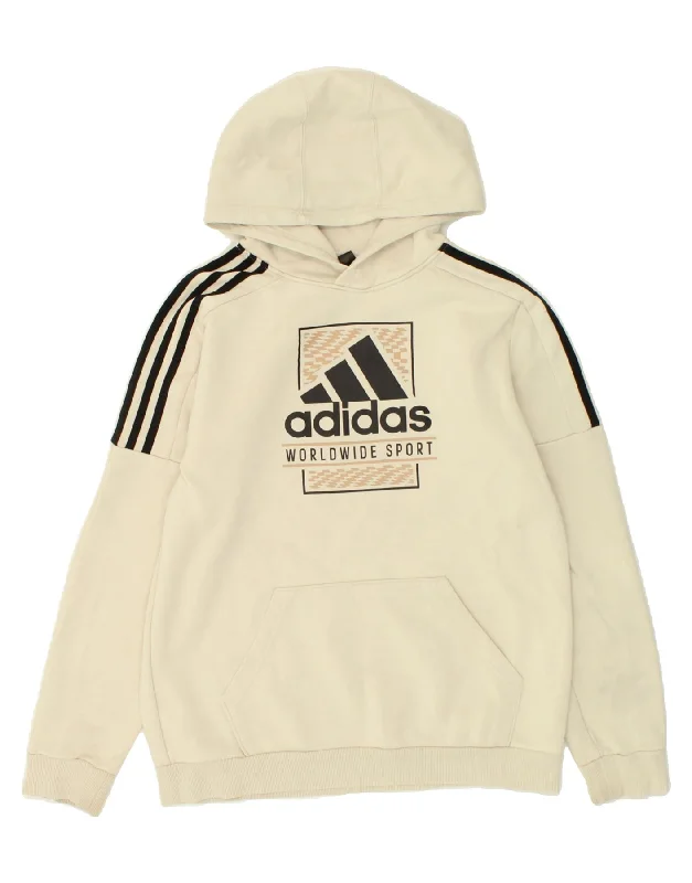 ADIDAS Mens Graphic Hoodie Jumper Medium Beige Cotton Hoodie with Elastic Waist Stretchable Comfortable