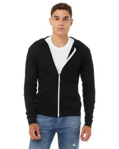 Bella + Canvas 3939 Unisex Triblend Full-Zip Lightweight Hoodie - Black Triblend Hoodie with High-Low Hem Asymmetrical Trendy