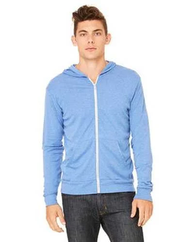 Bella + Canvas 3939 Unisex Triblend Full-Zip Lightweight Hoodie - Blue Triblend Hoodie with Front Slit Layering Stylish