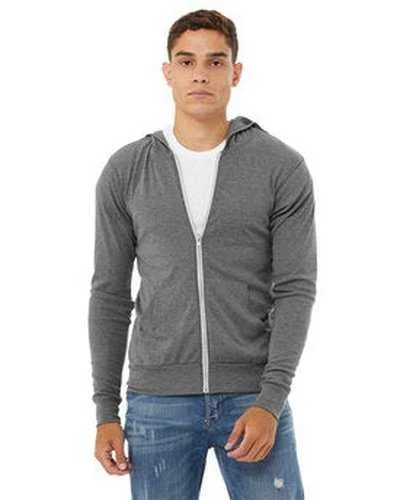 Bella + Canvas 3939 Unisex Triblend Full-Zip Lightweight Hoodie - Gray Triblend Hoodie with Hem Elastic Stretchable Comfortable