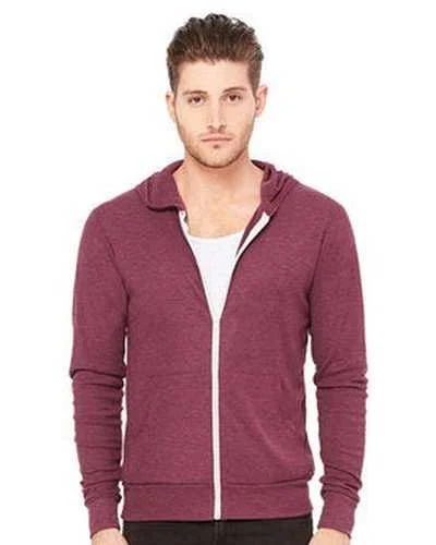 Bella + Canvas 3939 Unisex Triblend Full-Zip Lightweight Hoodie - Maroon Triblend Hoodie with Hem Fringe Bohemian Relaxed