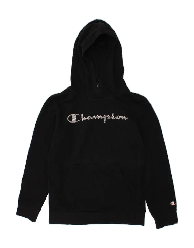 CHAMPION Boys Graphic Hoodie Jumper 11-12 Years Large  Black Cotton Hoodie with Monochrome Minimalist Simple