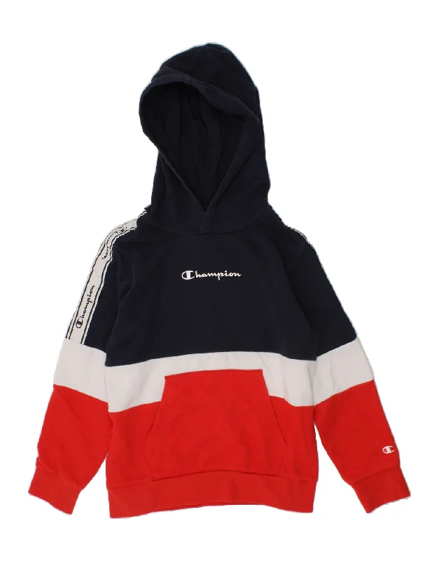 CHAMPION Boys Graphic Hoodie Jumper 7-8 Years Small  Navy Blue Colourblock Hoodie with Ribbed Neckline Snug Warm