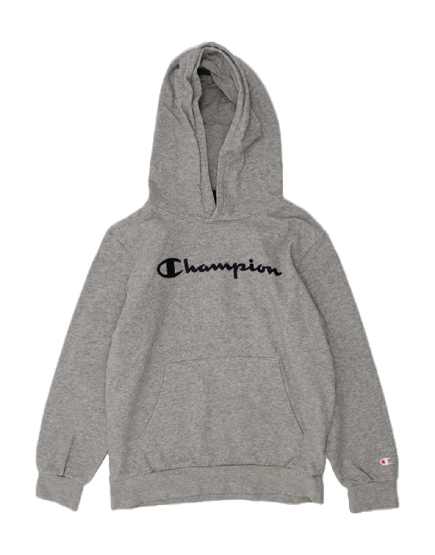 CHAMPION Boys Graphic Hoodie Jumper 9-10 Years Medium  Grey Cotton Hoodie with Puffed Sleeves Voluminous Trendy