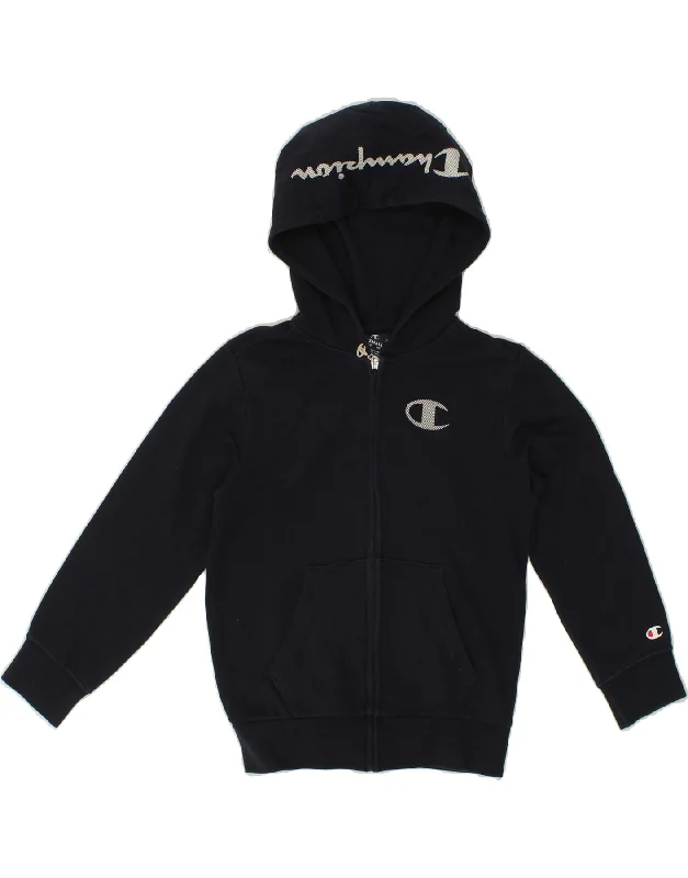 CHAMPION Boys Graphic Zip Hoodie Sweater 7-8 Years Small Navy Blue Hoodie with Side Slits Relaxed Casual