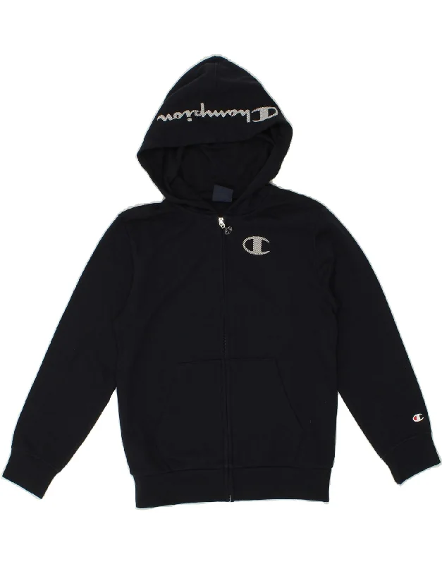 CHAMPION Boys Graphic Zip Hoodie Sweater 9-10 Years Medium Navy Blue Hoodie with High-Low Hem Asymmetrical Trendy