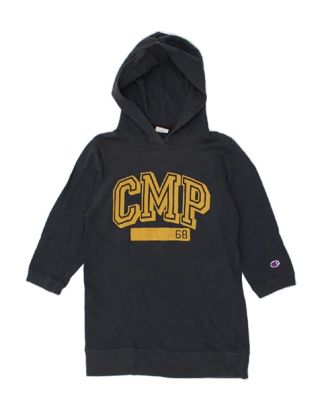 CHAMPION Girls Graphic 3/4 Sleeve Hoodie Jumper 11-12 Years Navy Blue Hoodie with Longline Fit Extended Stylish