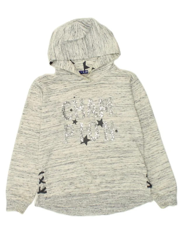 CHAMPION Girls Graphic Hoodie Jumper 13-14 Years XL  Grey Flecked Cotton Hoodie with Hem Contrast Bold Stylish