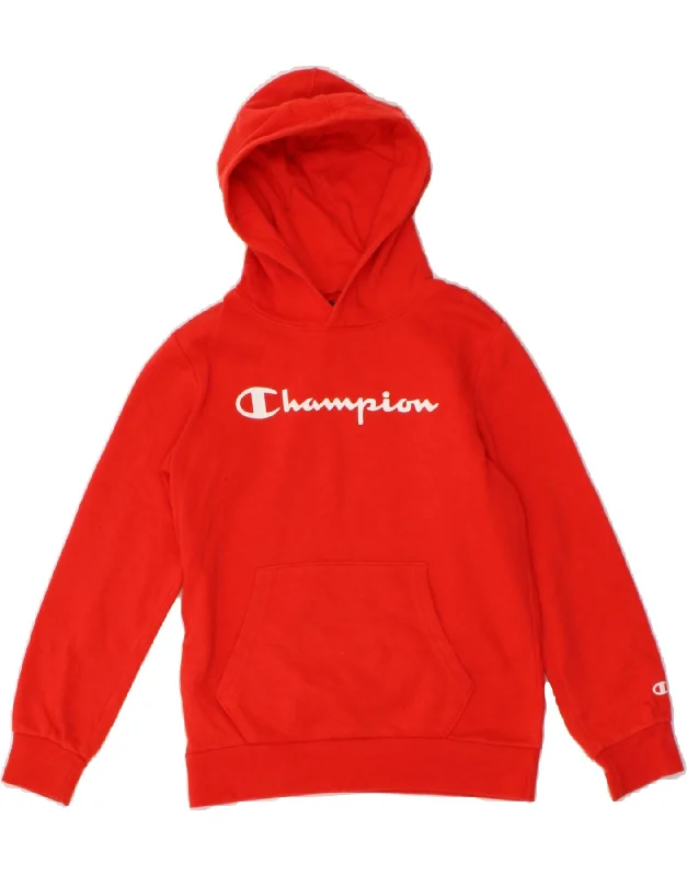 CHAMPION Girls Graphic Hoodie Jumper 9-10 Years Medium Red Cotton Hoodie with Bell Sleeves Flared Feminine