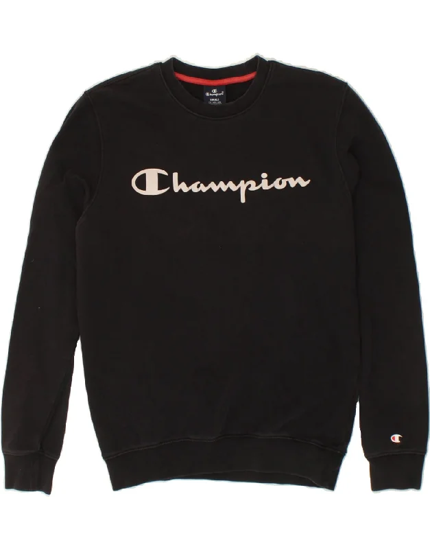 CHAMPION Mens Graphic Sweatshirt Jumper Small Black Cotton Hoodie with Thumb Holes Functional Cozy