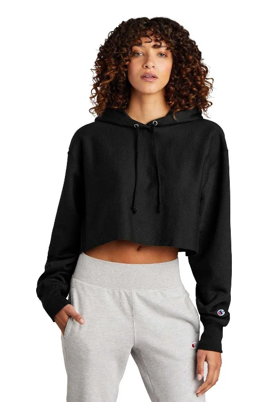 Champion RW01W Women's Reverse Weave Cropped Cut-Off Hooded Sweatshirt - Black Hoodie with Hem Applique Textured Unique