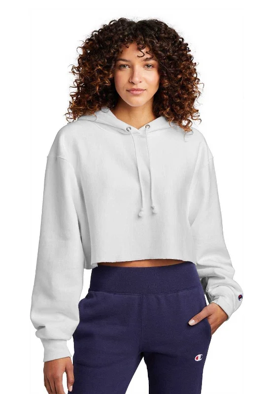 Champion RW01W Women's Reverse Weave Cropped Cut-Off Hooded Sweatshirt - White Hoodie with Pocket Utility Practical