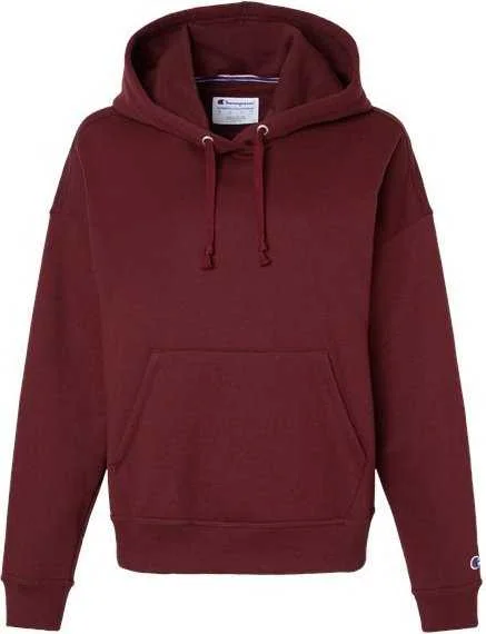 Champion S760 Women's Powerblend Hooded Sweatshirt - Maroon Hoodie with Applique Textured Unique