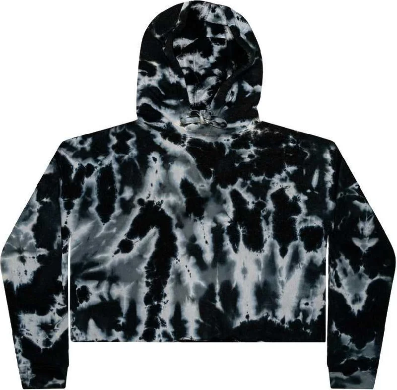 Colortone 8333 Women's Tie-Dyed Crop Hooded Sweatshirt - Multi Black Hoodie with Slim Fit Tailored Modern