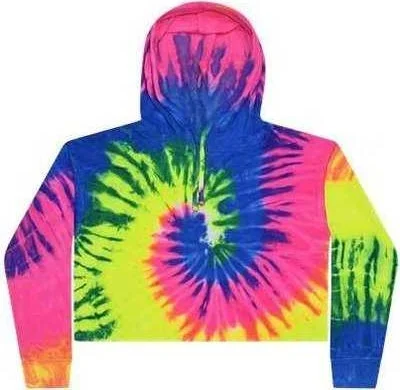 Colortone 8333 Women's Tie-Dyed Crop Hooded Sweatshirt - Neon Rainbow Hoodie with Relaxed Fit Easy Casual