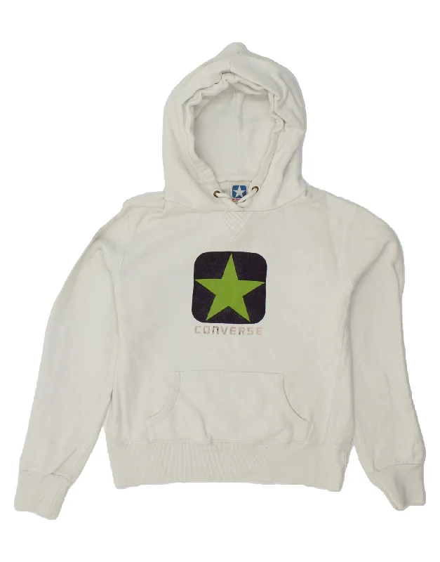 CONVERSE Womens Graphic Hoodie Jumper UK 14 Medium White Cotton Hoodie with Reflective Safety Nightwear